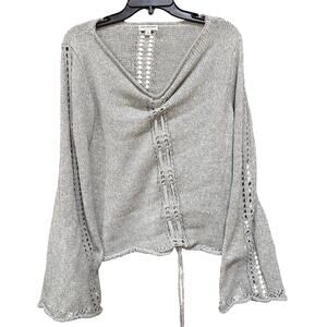 Earthbound Knit Top Size L Gray Green Boho Lagenlook Festival Drawstring Front